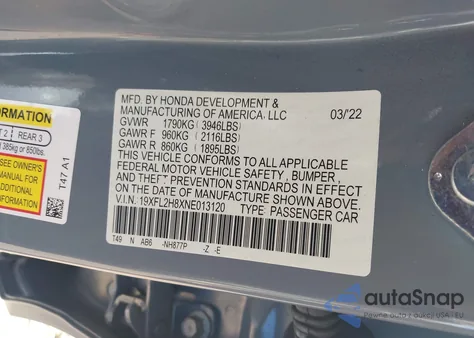 2022 Honda Civic Sport z USA, uszkodzony, nr VIN 19XFL2H8XNE013120